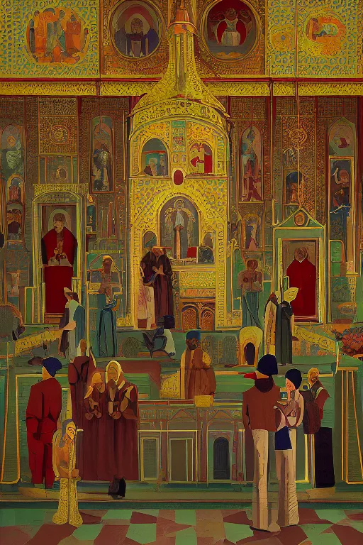 Prompt: scene from wes anderson orthodox cathedral building by helen lundeberg