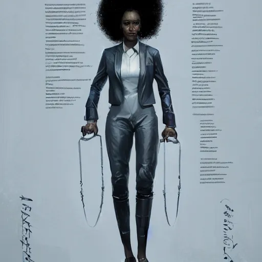 Image similar to Portrait of a woman by Greg Rutkowski, she is about 30 years old, mulato, afro hair, attractive and beautiful, wifey material, she is wearing a futuristic lawyer outfit, highly detailed portrait, scifi, digital painting, artstation, concept art, smooth, sharp foccus ilustration, Artstation HQ