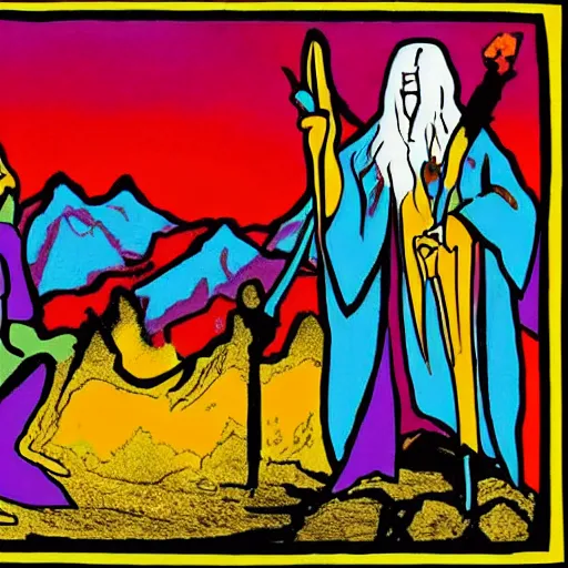 Prompt: a scene from lord of the rings, shamanic ritual run by gandalf, pop art