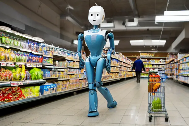 Image similar to photojournalism of sleek humanoid robot walking out of grocery store carrying grocery bags