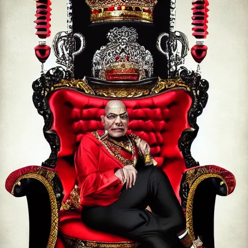 Prompt: the king of india sitting on a throne wearing a black suit and a red fez, detailed masculine face with red lips, black eyes and large forehead, detailed body, moody atmosphere, digital art, highly detailed, high contrast, beautiful lighting, award winning, trending on art station, photorealistic, 8 k,