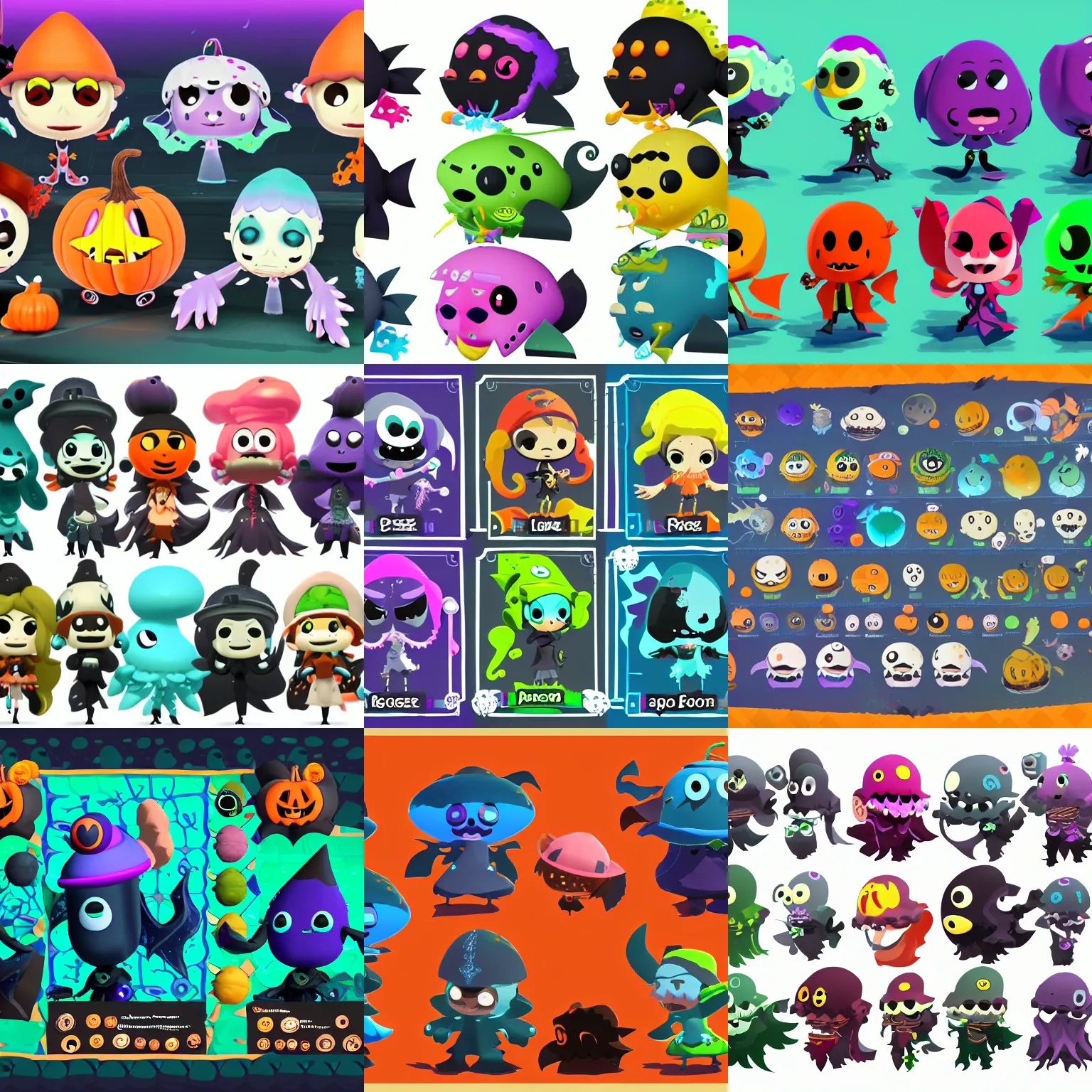 Prompt: character designs for background deep sea fish npc characters of various shapes and sizes during a Halloween splatfest in the Splatoon franchise by Nintendo, high resolution