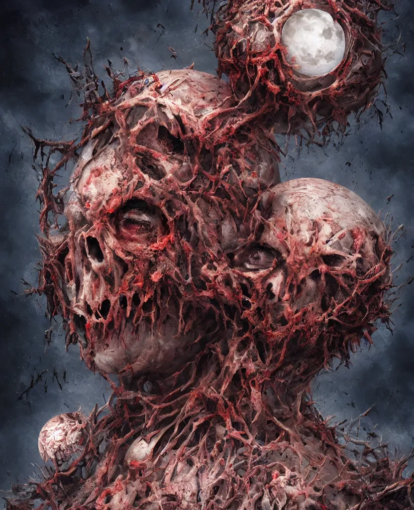 Image similar to moon sphere made from thousands of rotten demonic bloody corpses of Nicolas Cage, body horror, flesh, blood, grotesque hell, highly detailed, vivid colors, dark shadows, contrast, concept art, sharp focus, digital art, Hyper-realistic, 4K, Unreal Engine, Highly Detailed, Dramatic Lighting, Beautiful, by Brom, bastien lecouffe-deharme