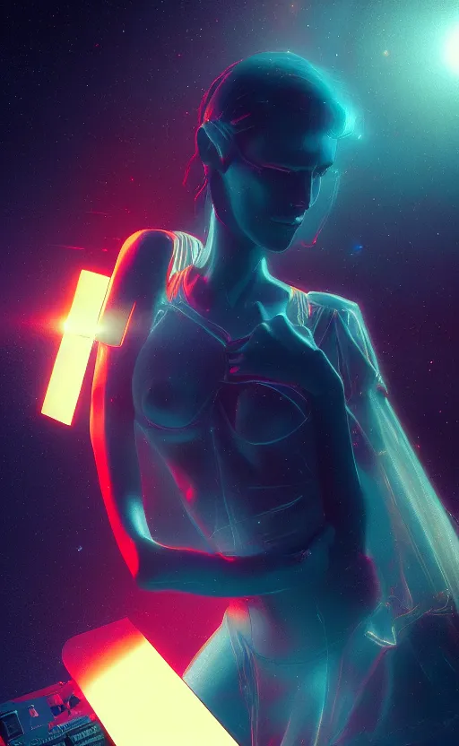 Image similar to a love affair with doubt, dark retrowave, glitch art, interstellar, beautifully lit, by Thomas Blackshear, artstation, unreal engine