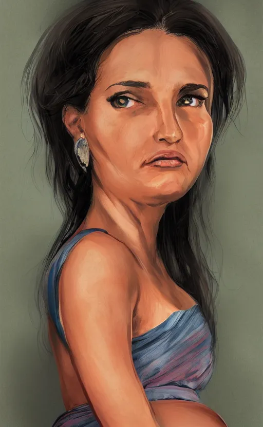 Image similar to a front view portrait of a hispanic pregnant lady illustration, trending on artstation