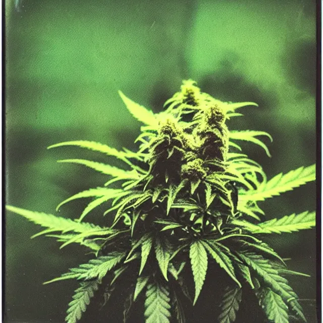 Image similar to polaroid photo of a cannabis plant monster