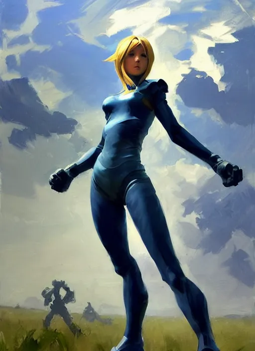 Image similar to Greg Manchess painting of Samus from Metroid Prime, countryside, calm, fantasy character portrait, dynamic pose, above view, sunny day, thunder clouds in the sky, artwork by Jeremy Lipkin and Giuseppe Dangelico Pino and Michael Garmash and Rob Rey, very coherent asymmetrical artwork, sharp edges, perfect face, simple form, 100mm