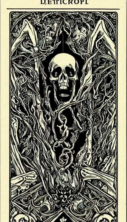 Prompt: an occult tarot card, death, skulls, clever design, ornate border, art deco, art nouveau, playing card