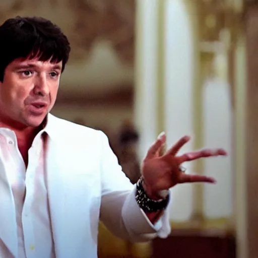 Image similar to a photographic still of Ron DeSantis starring as Tony Montana, cinematic