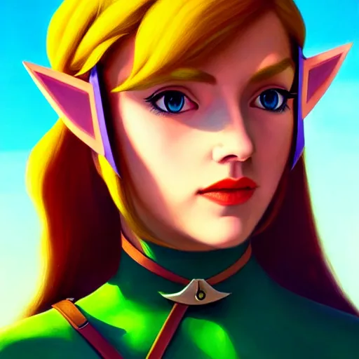 Image similar to portrait of a female Link from legend of Zelda, face, asymmetrical, profile picture, Organic Painting, sunny day, Matte Painting, bold shapes, hard edges, street art, trending on artstation, by Sam Youn and Gil Elvgren