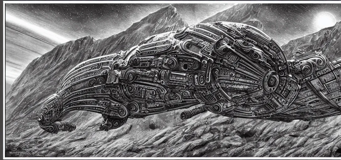 Prompt: Dune spaceship by H.R. Giger taking off from Machu Picchu hidden city, pen and ink, photographic reality, hyperreal , complete scene, ornate, details, smooth, sharp focus, illustration, realistic, cinematic, artstation, award winning, rgb, ethereal blue lighting, biomechanical mask. bio luminescent biomechanical, halo, jellyfish. , unreal engine, octane render, cinematic light, iridescent details, iridescent colors, dichroic, macro, depth of field, blur, 8K,