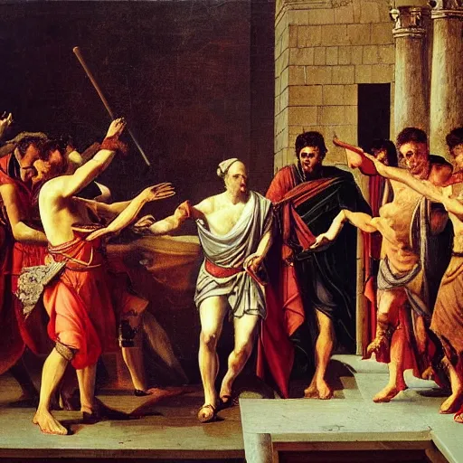 Prompt: the assassination of julius caesar, highly detailed beksinki art painting