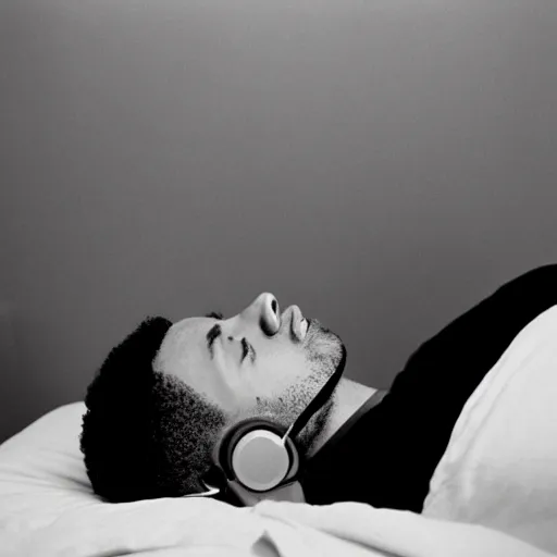 Image similar to a young man is lying on his bed and listening to music on an iphone, headphones on his head, the year is 1 9 8 4, film photography, grainy