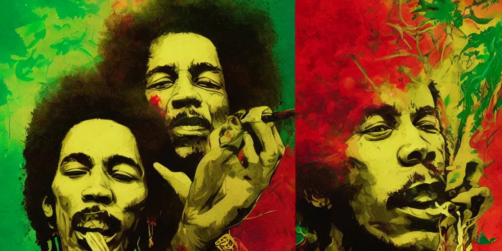 Image similar to Bob Marley and Jimi Hendrix smoking herb, very detailed, Green Smoke, large white border, hd, high resolution print :1 Red, Gold and Green by Sachin Teng, Tom Bagshaw, Greg Rutkowski, Carne Griffiths, trending on deviant art :1