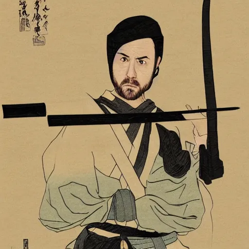 Image similar to jesse pinkman from breaking bad wearing samurai armor and holding a katana in feudal japan, 4 k, hyper realistic, ink block painting, edo period