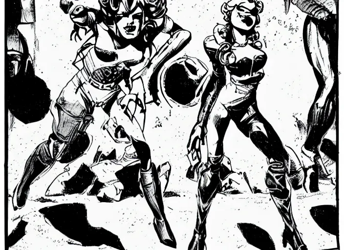 Prompt: comic panel of a dynamically posed beautiful!! riot grrl female superhero in short shorts, punching an alien robot, kapow!, by cory walker and ryan ottley and jack kirby and barry windsor - smith and norman rockwel and frank frazetta, concept art, smooth, sharp focus, comic, illustration, photo real