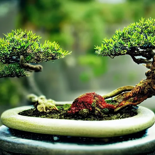 Prompt: A crab near a bonsai tree, close up photo, photo studio, Instagram photo, artstation trend, HDR