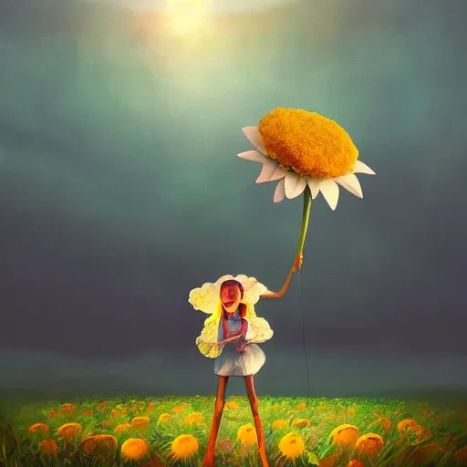 Image similar to giant daisy flower head, frontal, girl in a suit, surreal photography, sunrise, dramatic light, impressionist painting, digital painting, artstation, simon stalenhag