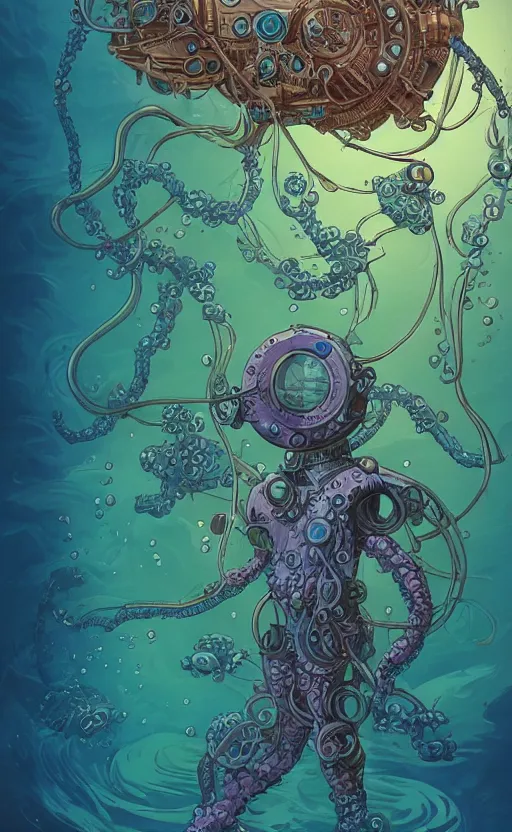 Prompt: a picture of mysterious colourful underwater creature, being discovered by a man in a steampunk diving suit. water is deep aquamarine coloured. poster art by james jean, concept art, behance contest winner, very detailed, award - winning. lovecraftian, cosmic horror, bioluminescence.