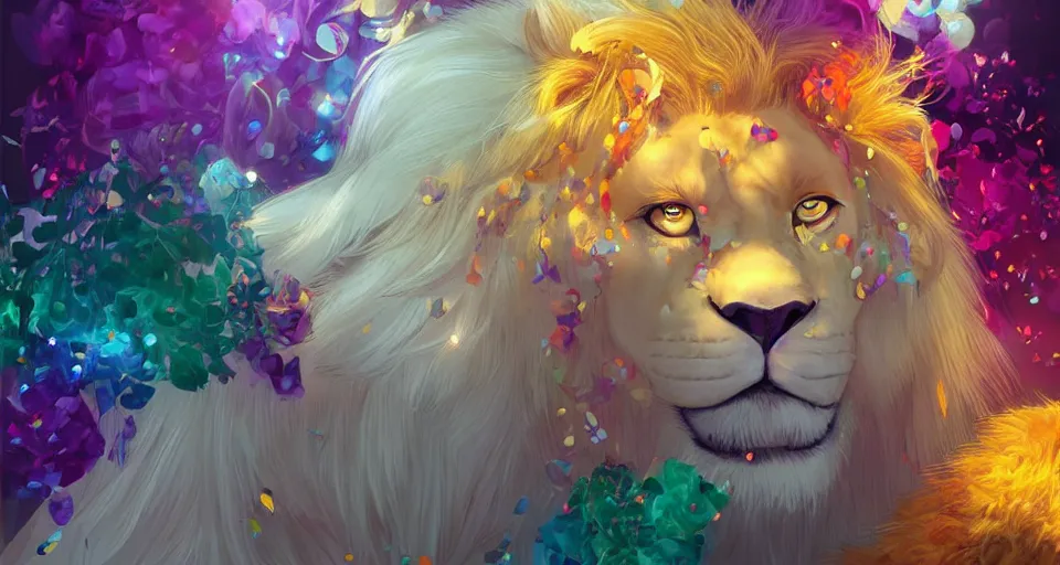 Image similar to aesthetic portrait commission of a albino male furry anthro lion surronded by rainbow confetti at a gay pride festival with his male lion anthro friends, bright and sunny atmosphere, Character design by charlie bowater, ross tran, artgerm, and makoto shinkai, detailed, inked, western comic book art, 2021 award winning painting