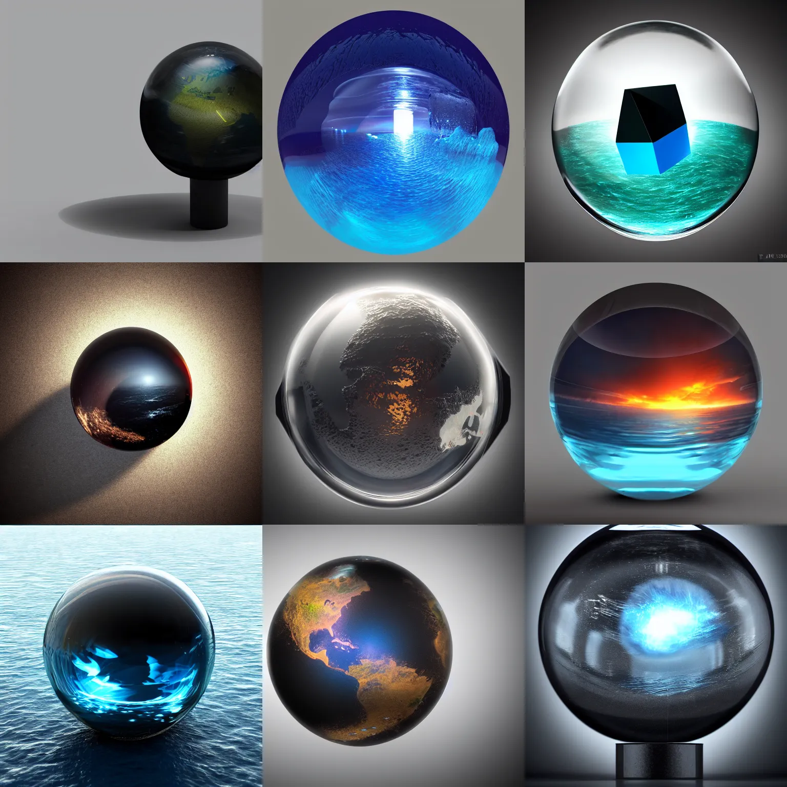 Prompt: A dark cube in a glass sphere, (ocean), 8k photorealistic, HD, high details, concept art, trending on artstation
