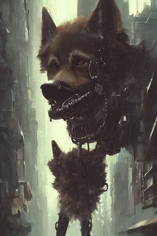 Image similar to new york city portrait of furry anthro anthropomorphic german shepard head animal person fursona wearing clothes strange cybernetic augmentations cyber muzzle gloomy rainy cyberpunk digital art by Greg Rutkowski, Simon Stalenhag, trending on Artstation, CGSociety