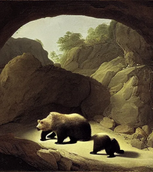 Image similar to a mother bear and her cubs sleeping in a dark cave POV from outside at night, artwork by Pieter Claesz