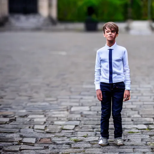 Image similar to the 10 years old grandson of Emmanuel Macron, 50mm photography, high quality, 4K