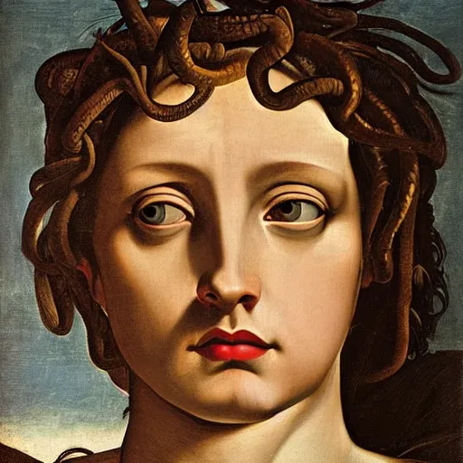 Image similar to Medusa by Caravaggio with face of Marjorie Taylor Greene