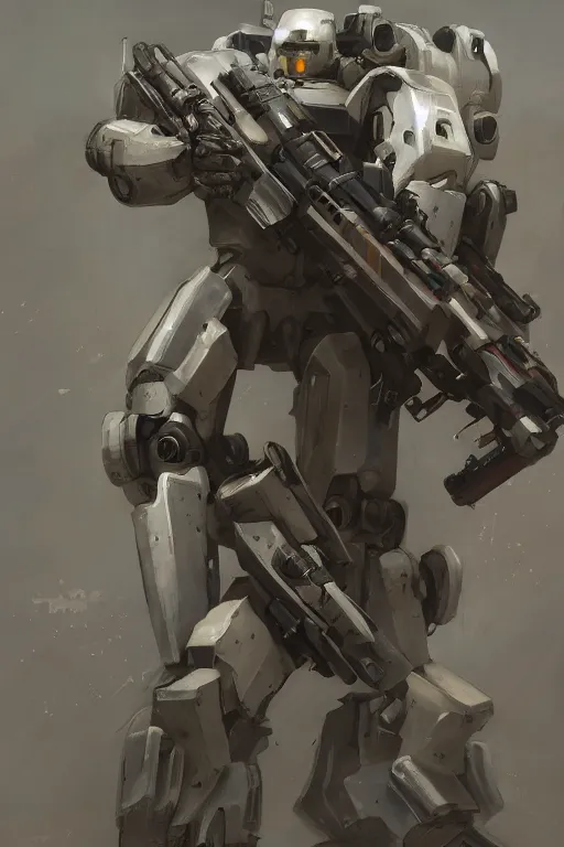Image similar to full body shot of a mech soldier holstering its rifle, Art Station, Trending on Artstation, cgsociety, concept art, cinematic, 8k, hyper detailed, ultra realistic, epic, high resolution, digital art, ultra high quality, sci fi, robot, sharp, 4k UHD, realistic, intricate, dramatic, atmospheric, art by Yi Yang artstation + StTheo + Alan Van Ryzin,