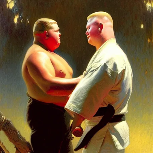 Image similar to bobby hill taking back his purse from the self defense instructor, dojo background, painting by gaston bussiere, craig mullins, j. c. leyendecker