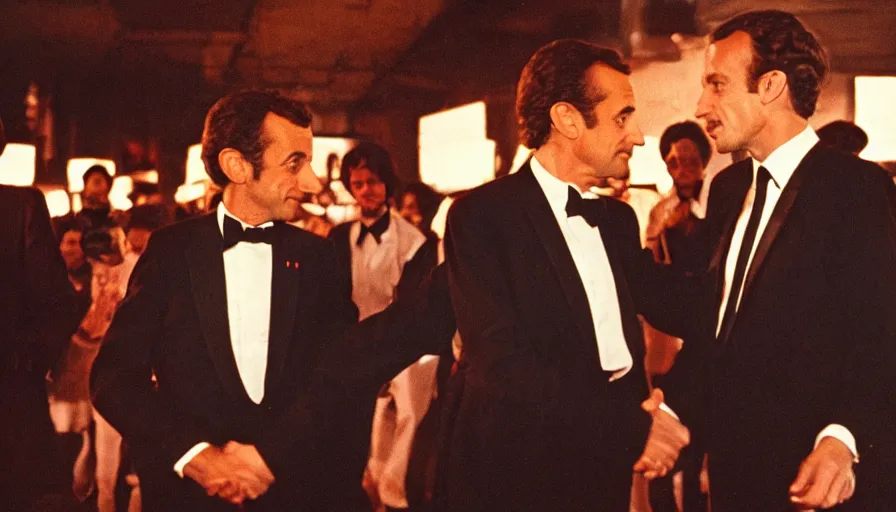 Image similar to 70s movie still of Nicolas Sarkozy and Emmanuel Macron shaking hands , cinestill 800t 18mm heavy grain, cinematic, dramatic dark lighning, brooklyn at night neon boards