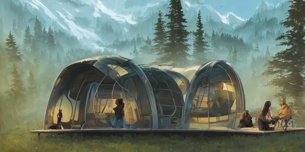 Image similar to cabela's beautiful comfortable futuristic pop up insulated all terrain family pod, cabin, modular, person in foreground, mountainous forested wilderness open fields, beautiful views, painterly concept art, joanna gaines, environmental concept art, farmhouse, magnolia, concept art illustration by ross tran, by james gurney, by craig mullins, by greg rutkowski trending on artstation