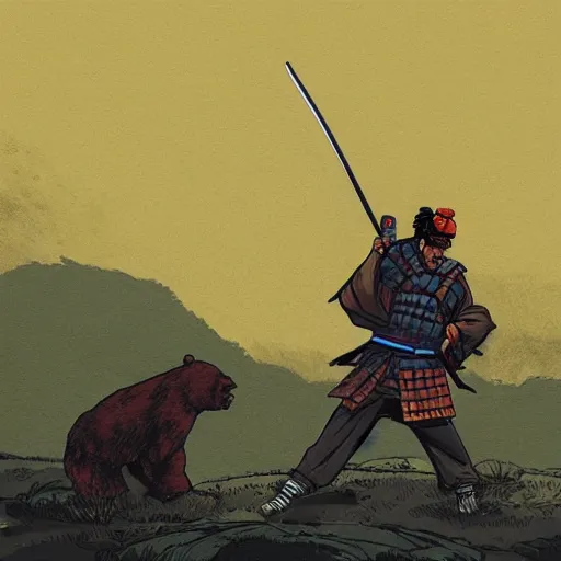 Image similar to Samurai fighting a giant bear, art by Ben Bauchau, painterly, digital art, artstation, pen and ink work. sharp focus.