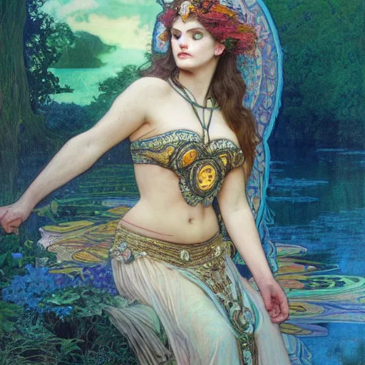 Image similar to portrait of a beautiful alluring female goddess wraith in a glowing lake, detailed, centered, digital painting, artstation, concept art, donato giancola, Dante Gabriel Rossetti, alphonse mucha, Joseph Christian Leyendecker, WLOP, Boris Vallejo, Breathtaking, 8k resolution, extremely detailed, beautiful, establishing shot, artistic, hyperrealistic, beautiful face, octane render