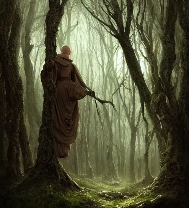 Image similar to hooded monk of the enchanted woods. peace, serenity, stillness, tranquility and a deep sense of magick. cinematic atmospheric lighting, mystical, atmospheric, wicca, painted, intricate, ultra detailed. by dave dorman, well composed, best on artstation, cgsociety, epic, stunning, gorgeous, intricate details, wow, masterpiece