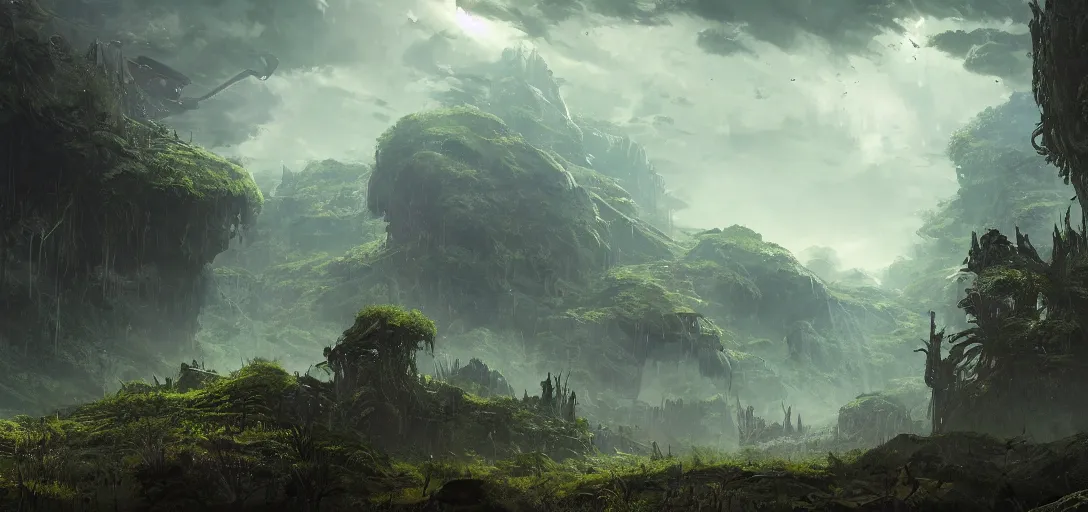 Image similar to cinematic, panorama, A wide open vista with a ancient sci-fi spaceship crashed overgrown with dense detailed vegetation a fantasy digital painting, artstation, concept art, sharp focus, style of Raphael Lacoste