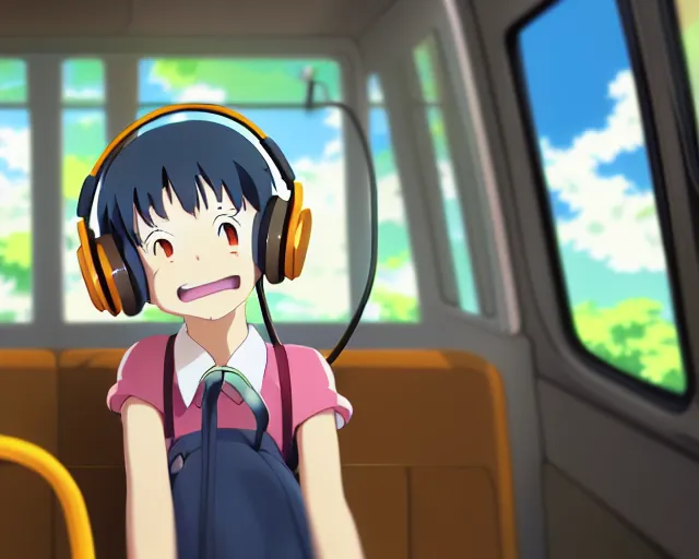 Image similar to anime fine details portrait of joyful girl in headphones in school bus, bokeh. anime masterpiece by Studio Ghibli. 8k render, sharp high quality anime illustration in style of Ghibli, artstation