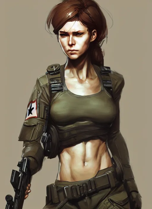 Prompt: female ugly soldier, wide angle view, highly detailed, artgerm, cushart krenz, metal gear solid style, trending on artstation, soft light, sharp focus, illustration, character design, concept art