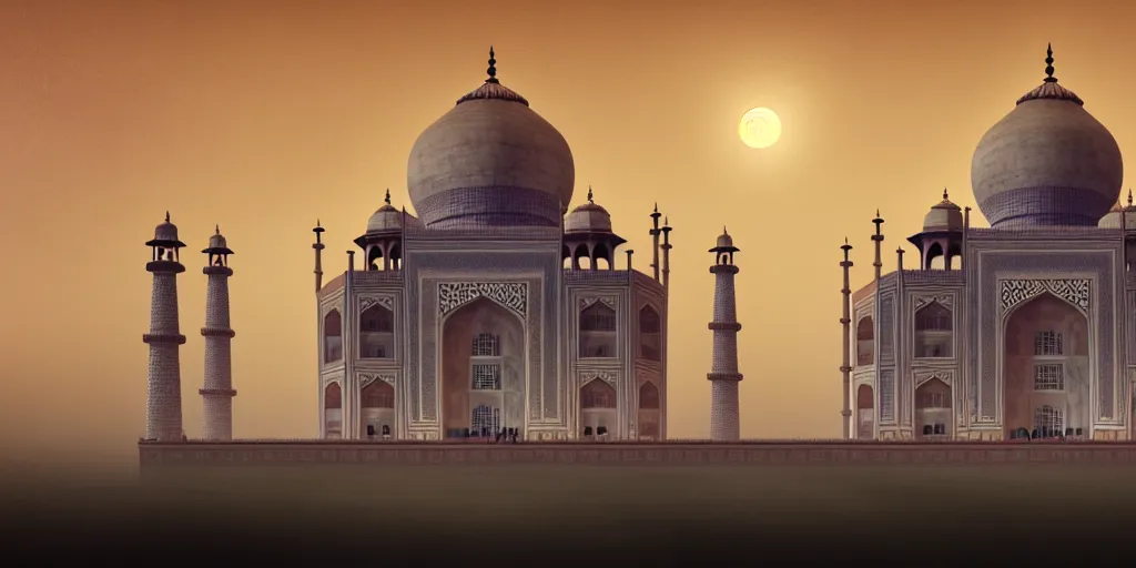 Image similar to The Taj Mahal with the moonlight, extremely detailed digital painting, in the style of Fenghua Zhong and Ruan Jia and jeremy lipking and Peter Mohrbacher, mystical colors, rim light, beautiful Lighting, 8k, stunning scene, raytracing, octane, trending on artstation