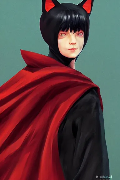 Prompt: little boy with cat ears in an black outfit with red cape. digital artwork made by lois van baarle and kentaro miura and marc simonetti and jakub rebelka, sharpness focus, inspired by hirohiko araki, anatomically correct, heroic composition, hero pose, smooth