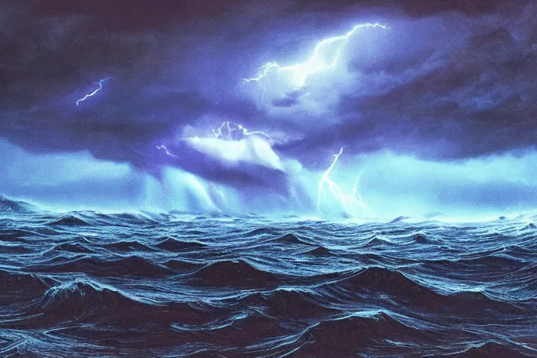 Image similar to photo of monstrous tornado over stormy seas, night, backlit, blue sprites, hyperdetailed, artstation