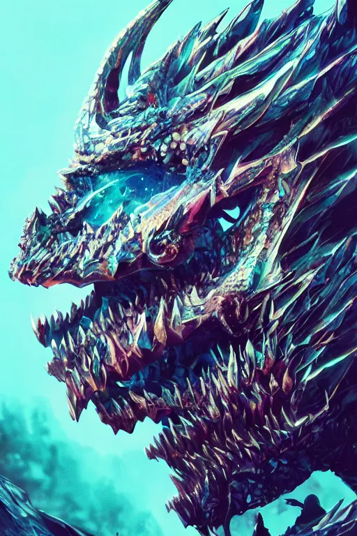Image similar to A fancy portrait of a crystalized dragon skull by Greg Rutkowski, beeple, Sung Choi, Mitchell Mohrhauser, Maciej Kuciara, Johnson Ting, Maxim Verehin, Peter Konig, final fantasy, macro lens, 35mm, 8k photorealistic, cinematic lighting, HD, high details, dramatic, dark atmosphere, trending on artstation