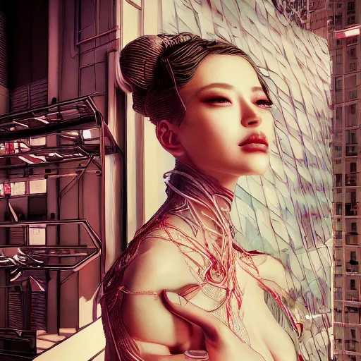 Image similar to the portrait of an absurdly beautiful, graceful, elegant, sophisticated, fashionable cyberpunk gravure idol, an ultrafine hyperdetailed illustration by kim jung gi, irakli nadar, intricate linework, bright colors, porcelain skin, unreal engine 5 highly rendered, cgsociety, global illumination, radiant light, detailed and intricate environment