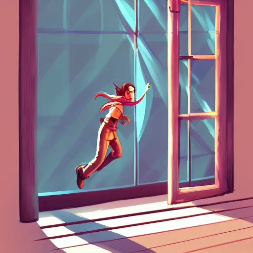 Prompt: A character jumping through a window to escape his pursuant, digital painting, concept art, artstation