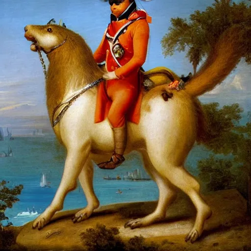 Image similar to a giant squirrel carrying napoleon bonaparte on its back, beach scene with flowers and foliage, detailed oil painting