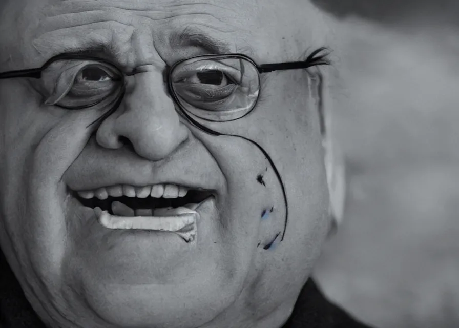 Image similar to still image of danny devito as voldemort, dark, ominous, evil, close - up, cinematic, 4 0 mm f / 2. 8, anamorphic