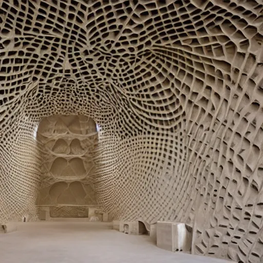 Prompt: sculptural interior of a building made of intricatly 3 d - printed carved wet sand and mud, by anish kapoor and ronald rael, ivy growing in the walls and hanging from the ceiling