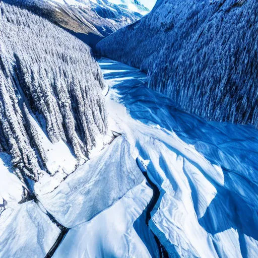 Prompt: British Columbia mountain valley, scenery, winter, helicopter view, hyper realistic, epic, frozen waterfall