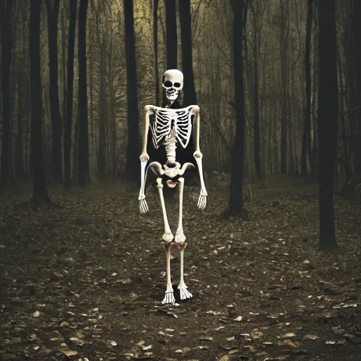 Image similar to a mysterious photography of a skeleton walking in a wood, hyper detailed, dark, 8 k, hd,